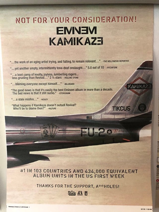 The backside of the cover of Eminem's 2018 release "Kamikaze"